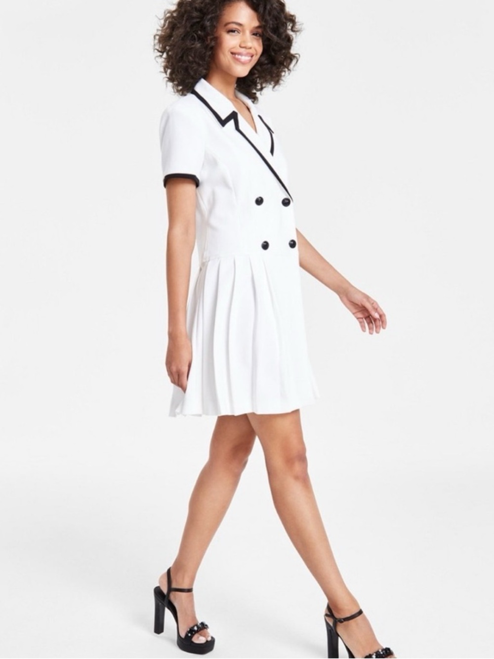 Karl Lagerfeld White Short-Sleeve Pleated Dress with Black Trim - Picture 3 of 5